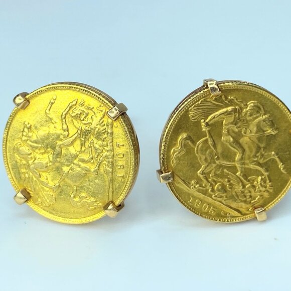 18K yellow gold 1905-1907 British Half Sovereign gold cuff link 15g GS165